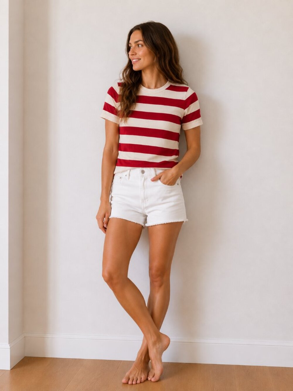 American Eagle Outfitters Red and Cream Striped Short Sleeve Tee